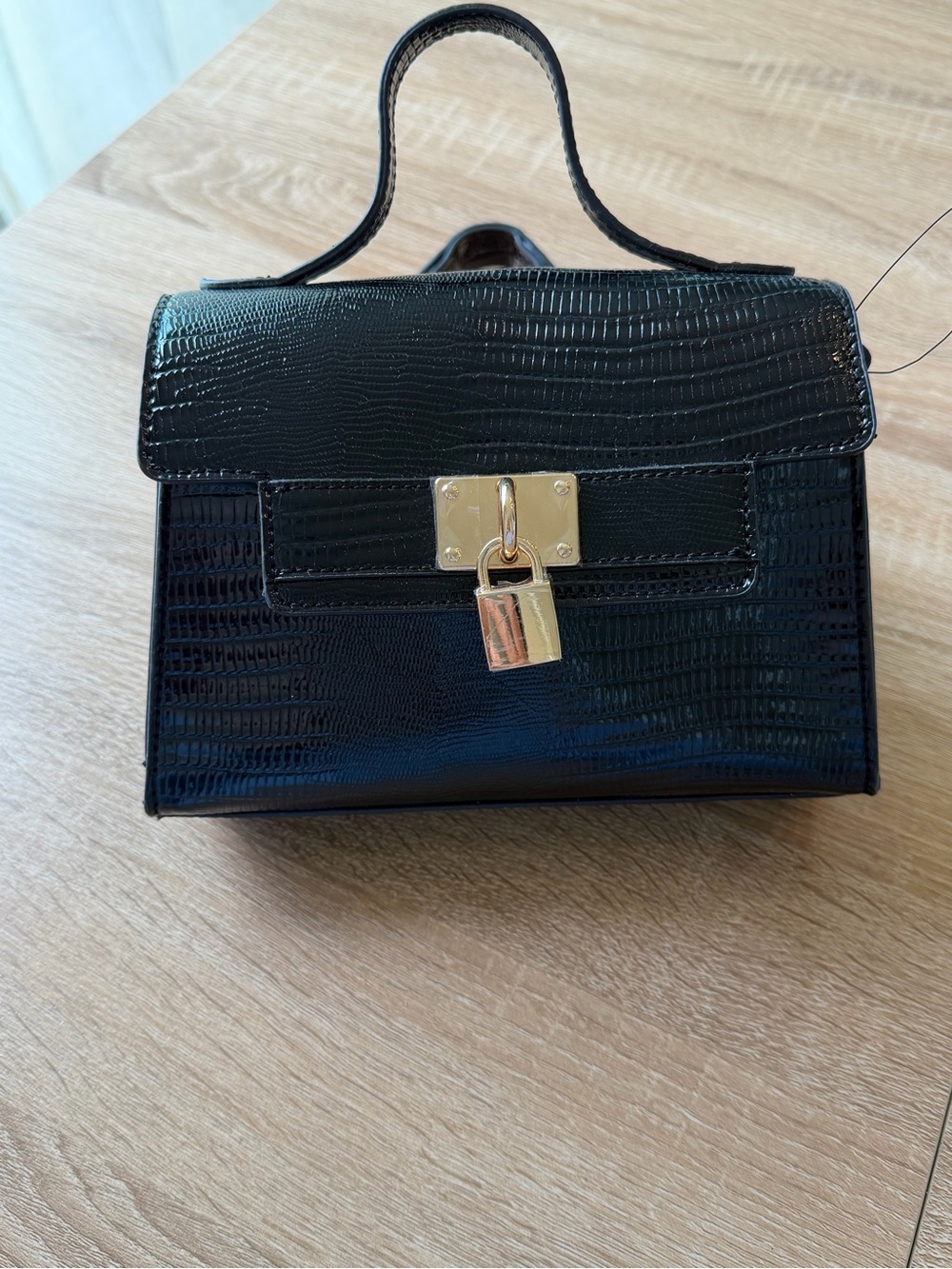 Black Croc-Embossed mini Top-Handle Bag with Gold Lock